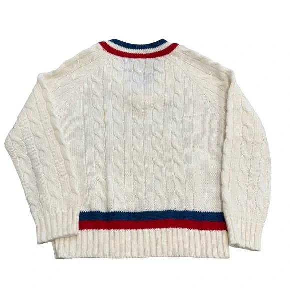 Vintage IZOD Lacoste Cable Knit V-Neck Sweater XL Cream Red Navy Men’s